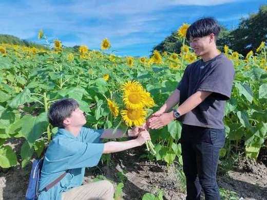 ひまわりの花束を手渡すメンバー