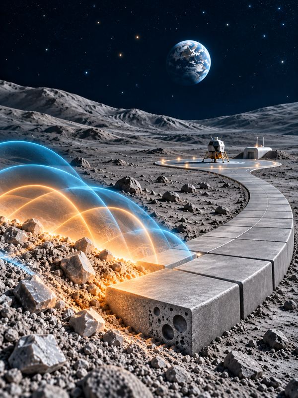 Illustration of a lunar base paved with construction materials made from microwave-sintered lunar regolith
