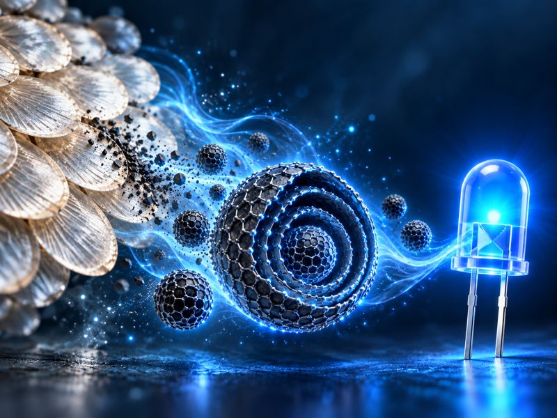 Illustration of producing luminescent carbon nano-onions from fish scales and applying them to LEDs