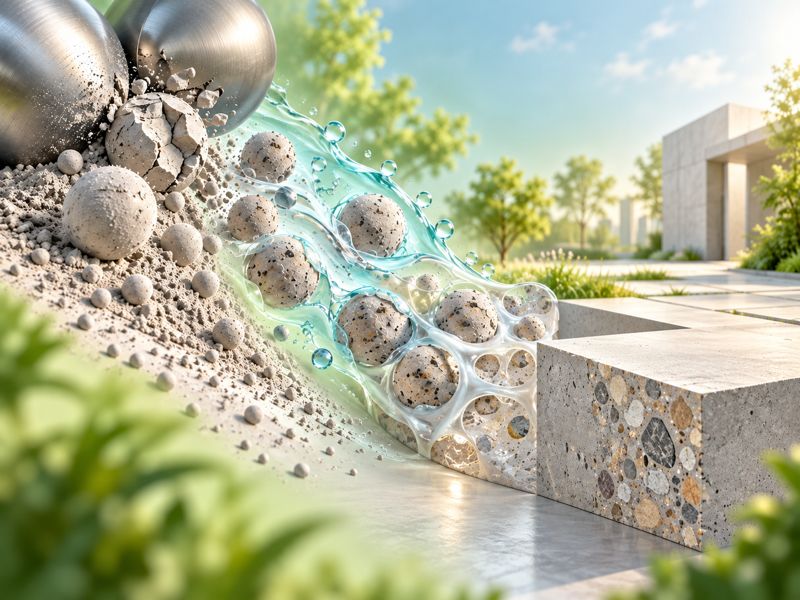 Illustration of cementless concrete hardened by surface activation and chemical reaction of fly ash